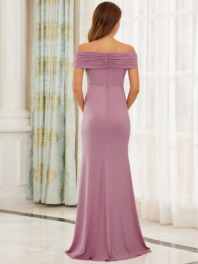 Wholesale Mother of the Bride Dress Elegant Off Shoulder Floor Length Satin Stretch Satin Short Sleeve with Solid